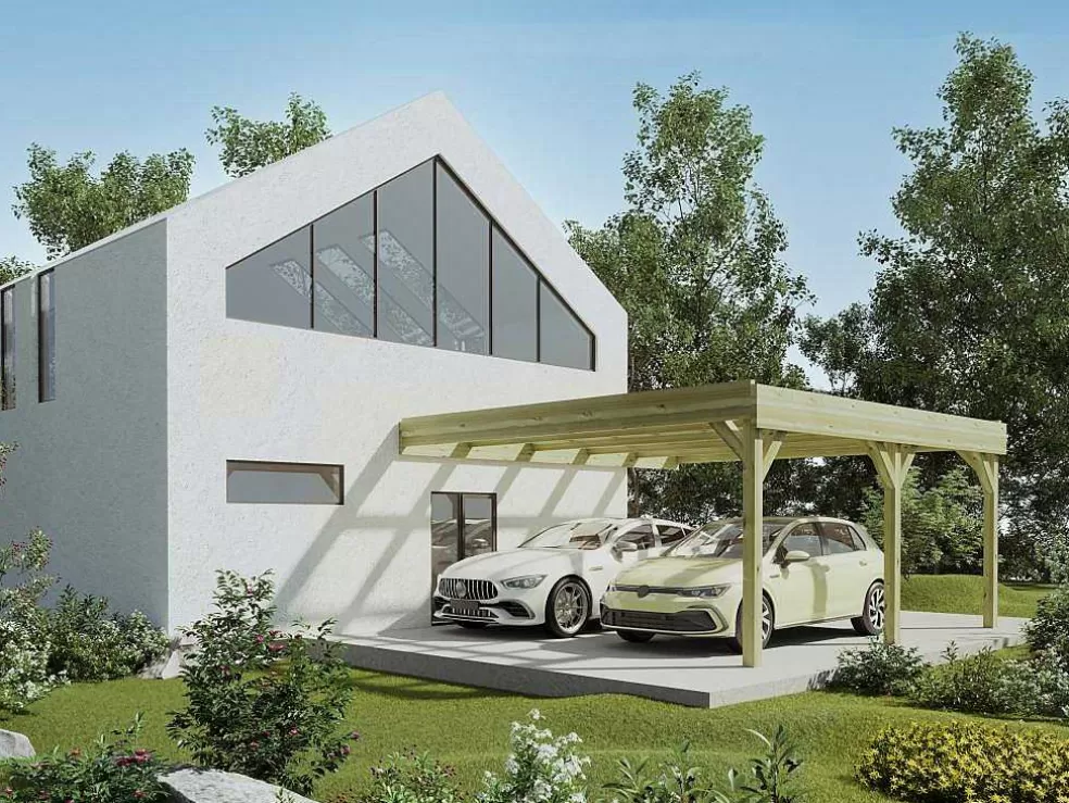 EXPERTLAND Abrigo Para Carro Duplo Adossado Em Madeira Tratada, 2 Viaturas, 29,3 M Da - Artemida* Pérgola, Coreto, Quiosque