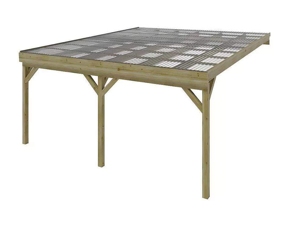 EXPERTLAND Abrigo Para Carro Duplo Adossado Em Madeira Tratada Com Teto Em Pvc, 2 Viaturas, 29,3 M Da - Artemida* Pérgola, Coreto, Quiosque