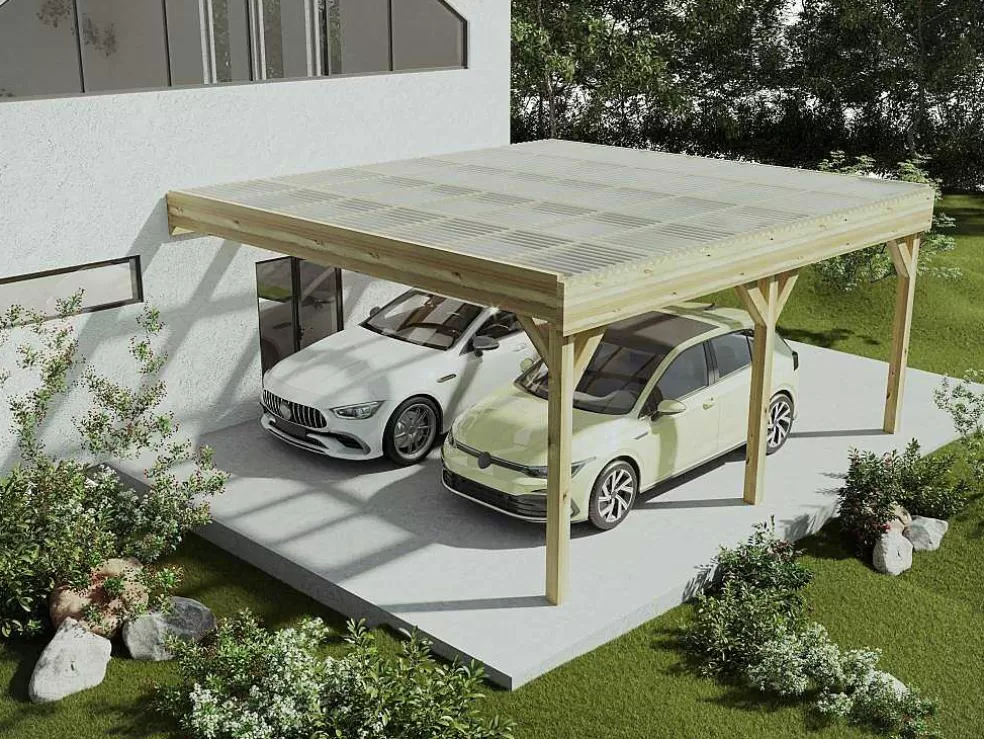 EXPERTLAND Abrigo Para Carro Duplo Adossado Em Madeira Tratada Com Teto Em Pvc, 2 Viaturas, 29,3 M Da - Artemida* Pérgola, Coreto, Quiosque