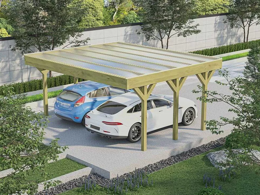 EXPERTLAND Abrigo Para Carro Duplo Autoportante Em Madeira Tratada, Com Teto Em Pvc, Para 2 Viaturas, 30 M - Ariane* Pérgola, Coreto, Quiosque