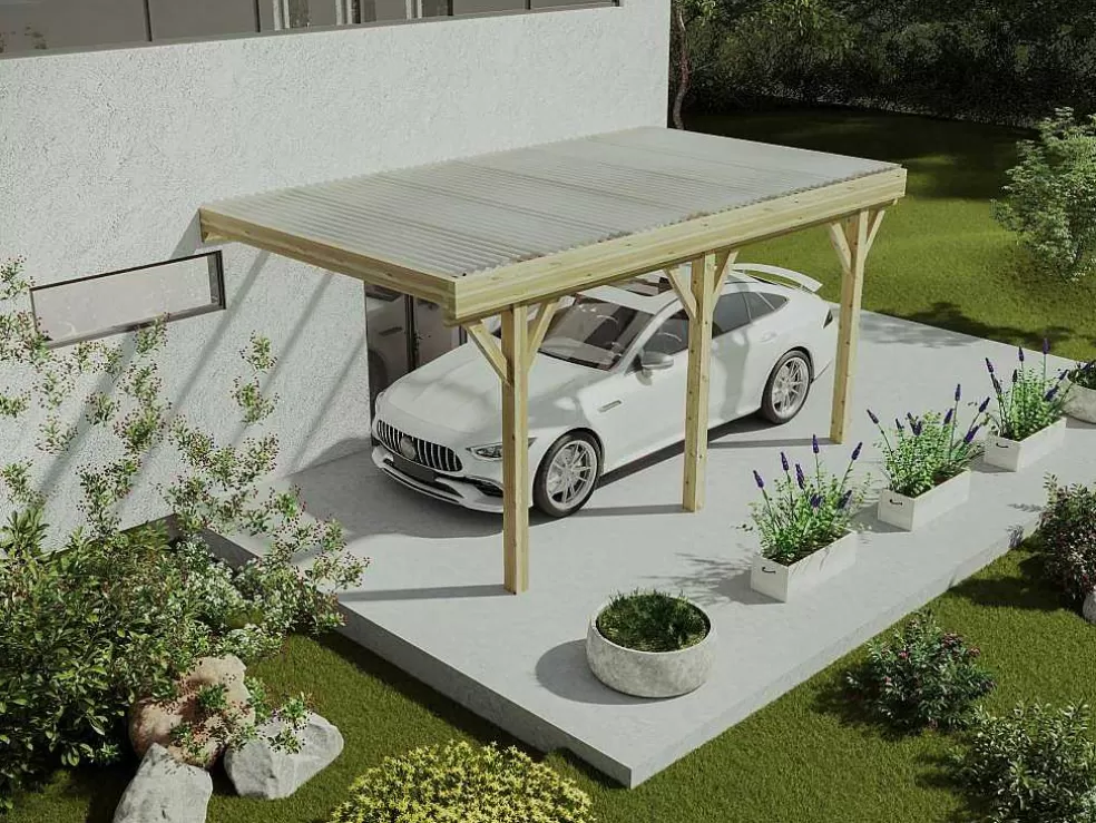 EXPERTLAND Abrigo Para Carro Individual Adossado Em Madeira Tratada Com Teto Em Pvc 1 Viatura 15 M - Helene* Pérgola, Coreto, Quiosque