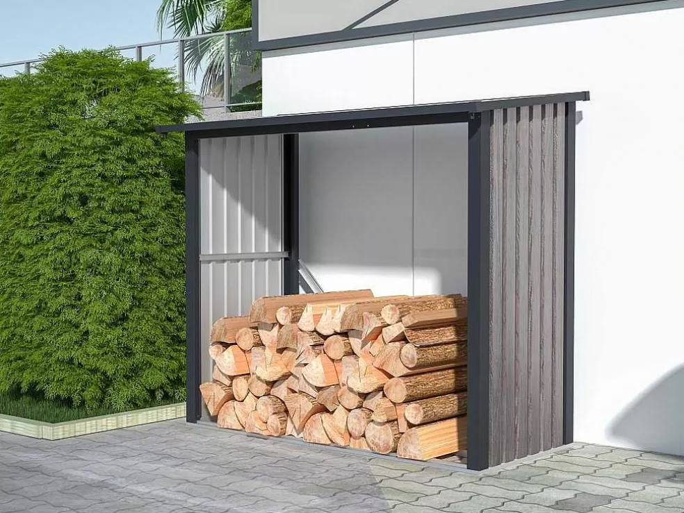 EXPERTLAND Abrigo Para Lenha Metal Aco Galvanizado Efeito Madeira 1,98 M3, 2 Esteres, C182 X L89 X A156 Cm - Birwood* Abrigos De Jardim