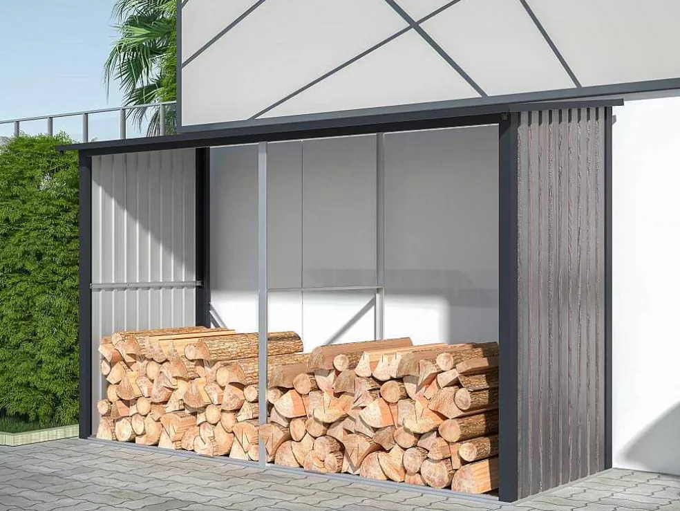 EXPERTLAND Abrigo Para Lenha Metal Aco Galvanizado Efeito Madeira 5,78 M3, 8 Esteres, C302 X L119 X A190 Cm - Varwood* Abrigos De Jardim