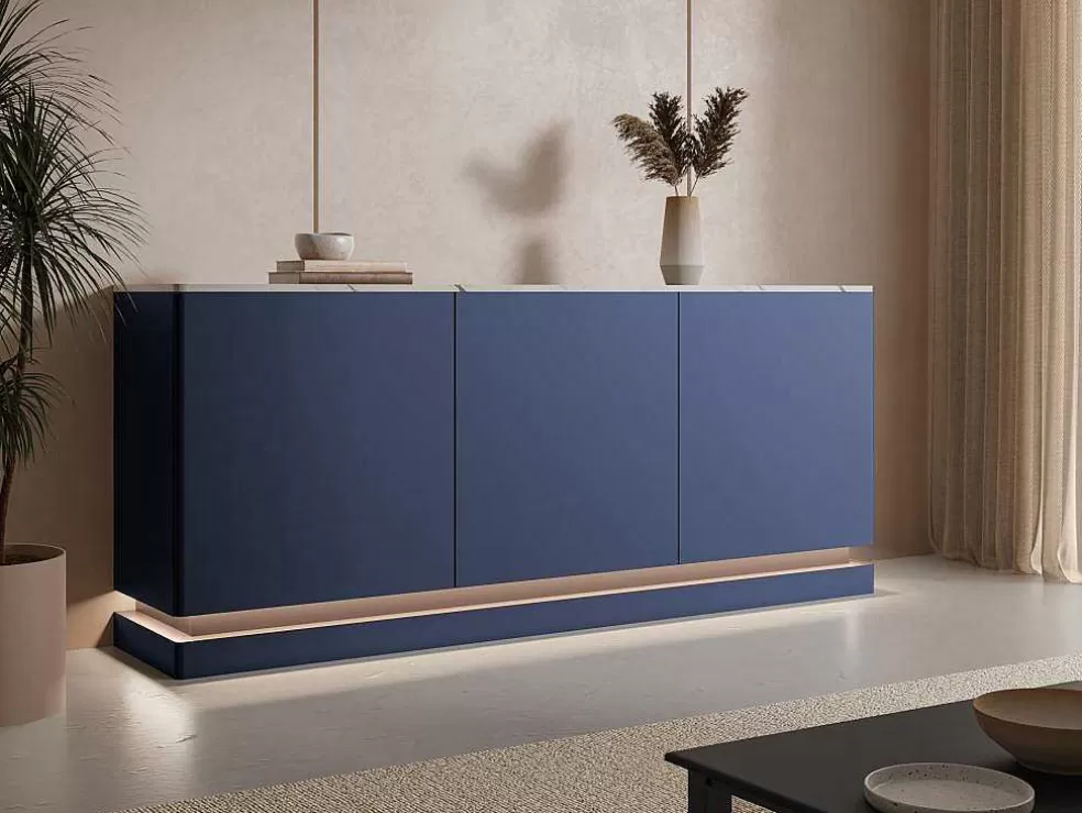 PASCAL MORABITO Aparador 3 Portas Com Leds Em Mdf Azul E Efeito Marmore Branco - Devika De * Aparador