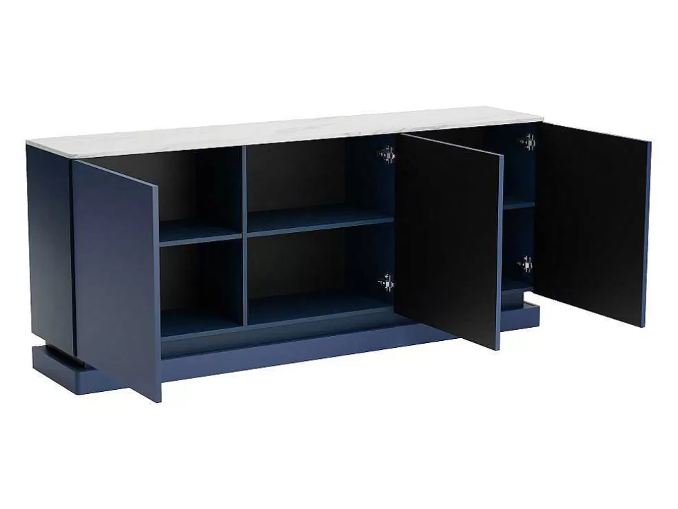 PASCAL MORABITO Aparador 3 Portas Com Leds Em Mdf Azul E Efeito Marmore Branco - Devika De * Aparador