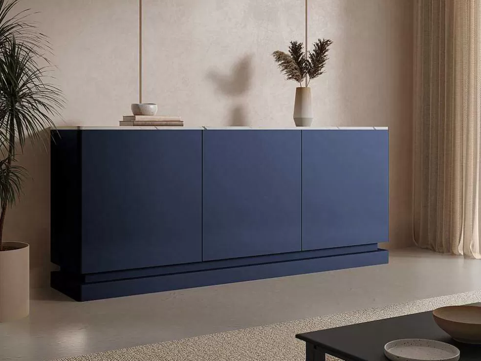 PASCAL MORABITO Aparador 3 Portas Com Leds Em Mdf Azul E Efeito Marmore Branco - Devika De * Aparador