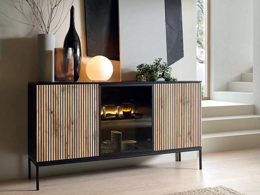 Vente-unique Aparador 3 Portas Com Leds Em Mdf E Vidro Fumado Preto E Natural - Ovila* Aparador