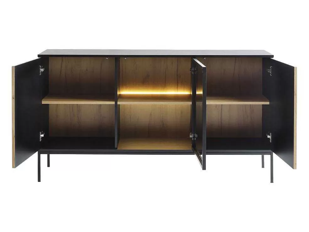 Vente-unique Aparador 3 Portas Com Leds Em Mdf E Vidro Fumado Preto E Natural - Ovila* Aparador