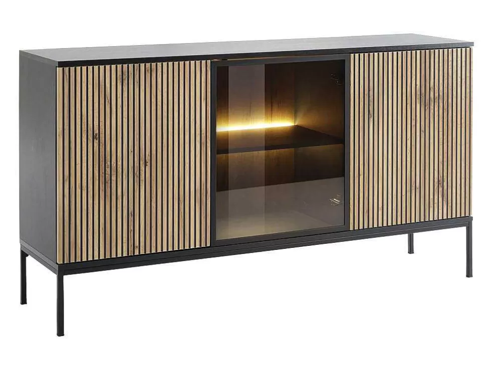 Vente-unique Aparador 3 Portas Com Leds Em Mdf E Vidro Fumado Preto E Natural - Ovila* Aparador