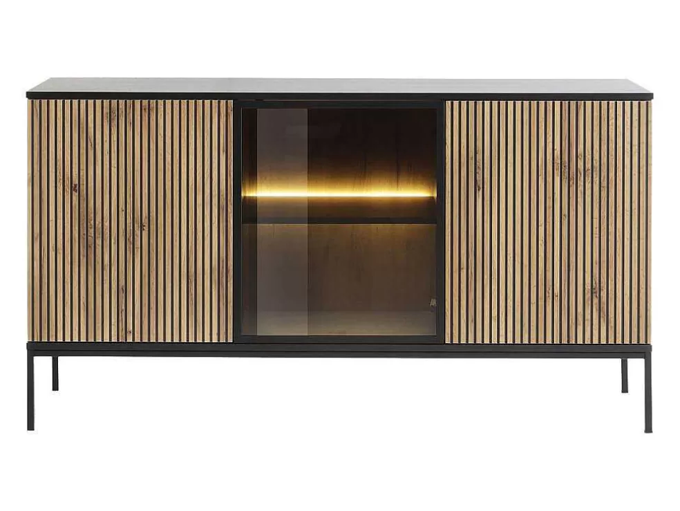Vente-unique Aparador 3 Portas Com Leds Em Mdf E Vidro Fumado Preto E Natural - Ovila* Aparador