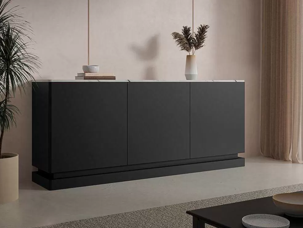 PASCAL MORABITO Aparador 3 Portas Com Leds Em Mdf Preto E Efeito Marmore Branco - Devika De * Aparador