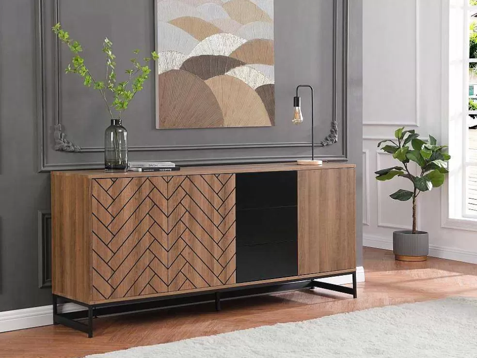 Vente-unique Aparador 3 Portas E 3 Gavetas Em Mdf Cor Natural E Preto - Caratana* Aparador
