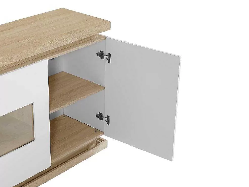 Vente-unique Aparador 3 Portas E 1 Nicho Com Leds Em Mdf E Vidro Temperado Natural E Lacado A Branco - Flarancia* Aparador