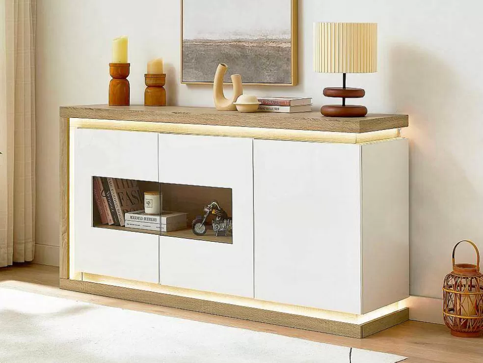 Vente-unique Aparador 3 Portas E 1 Nicho Com Leds Em Mdf E Vidro Temperado Natural E Lacado A Branco - Flarancia* Aparador