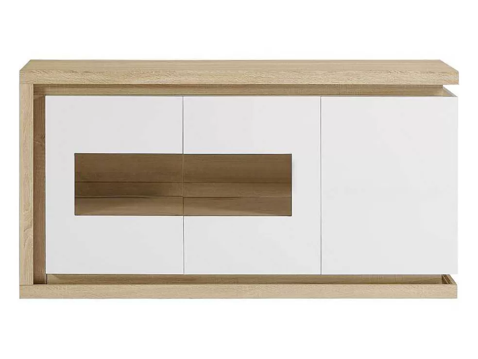 Vente-unique Aparador 3 Portas E 1 Nicho Com Leds Em Mdf E Vidro Temperado Natural E Lacado A Branco - Flarancia* Aparador