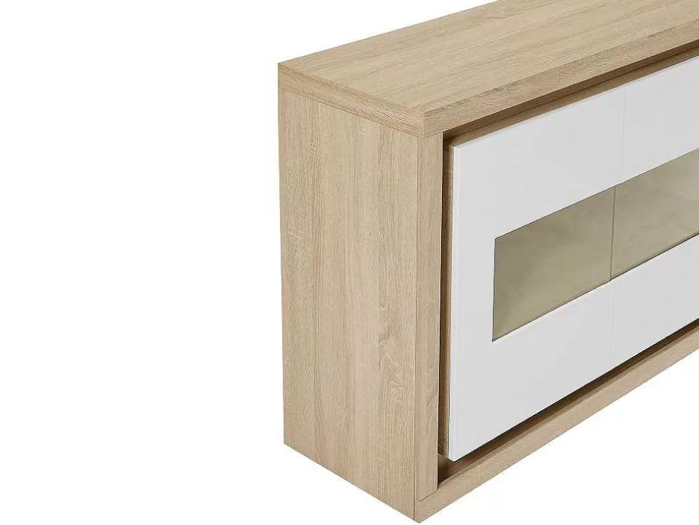 Vente-unique Aparador 3 Portas E 1 Nicho Com Leds Em Mdf E Vidro Temperado Natural E Lacado A Branco - Flarancia* Aparador