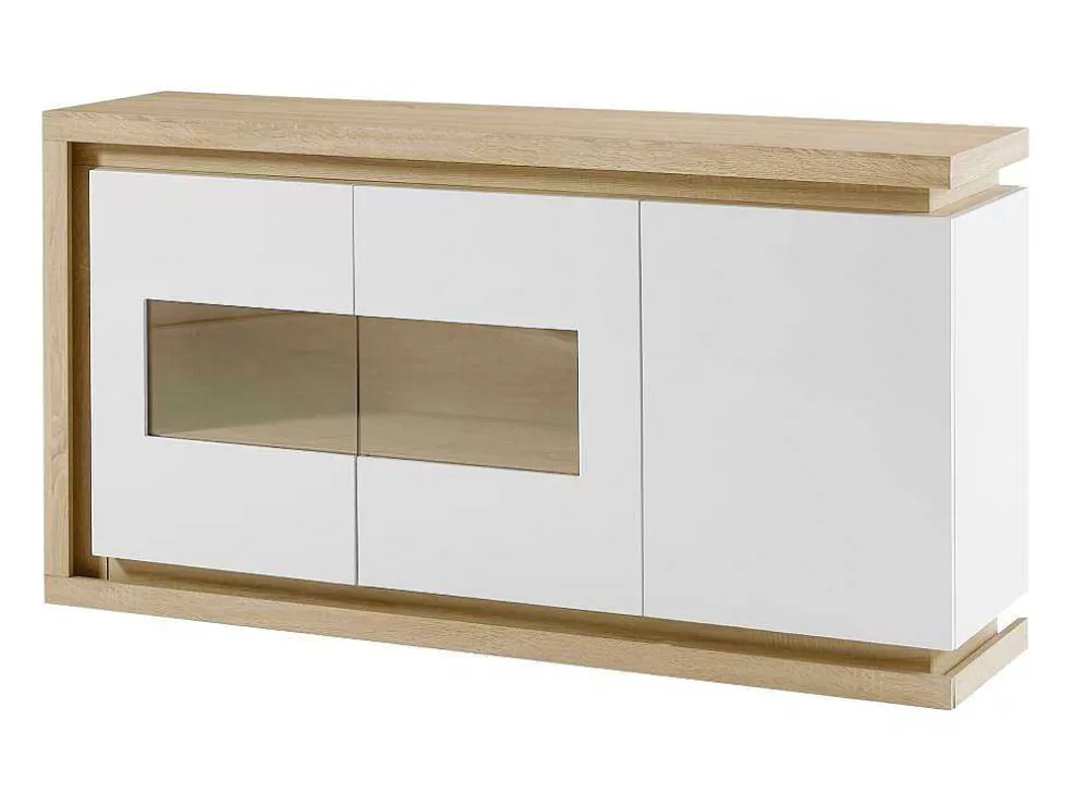 Vente-unique Aparador 3 Portas E 1 Nicho Com Leds Em Mdf E Vidro Temperado Natural E Lacado A Branco - Flarancia* Aparador