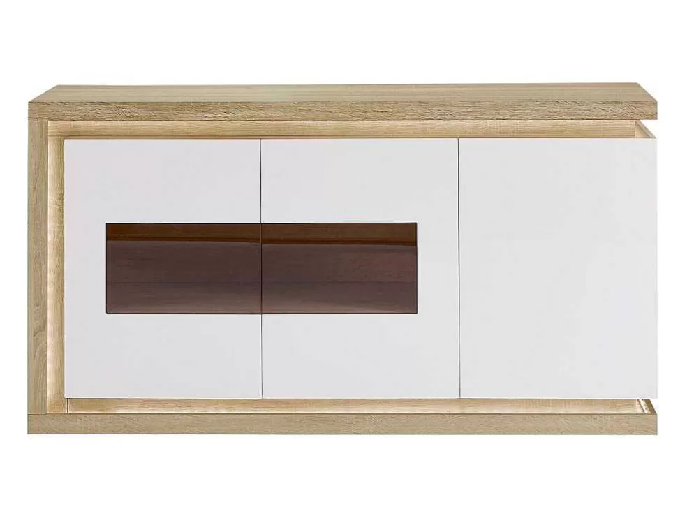 Vente-unique Aparador 3 Portas E 1 Nicho Com Leds Em Mdf E Vidro Temperado Natural E Lacado A Branco - Flarancia* Aparador
