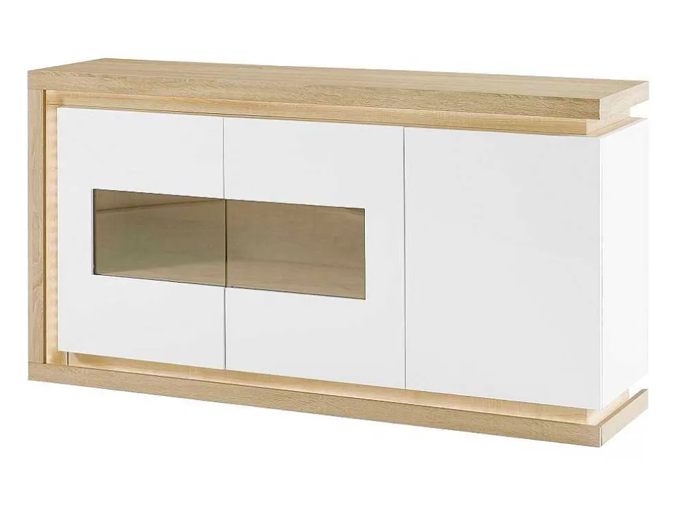 Vente-unique Aparador 3 Portas E 1 Nicho Com Leds Em Mdf E Vidro Temperado Natural E Lacado A Branco - Flarancia* Aparador