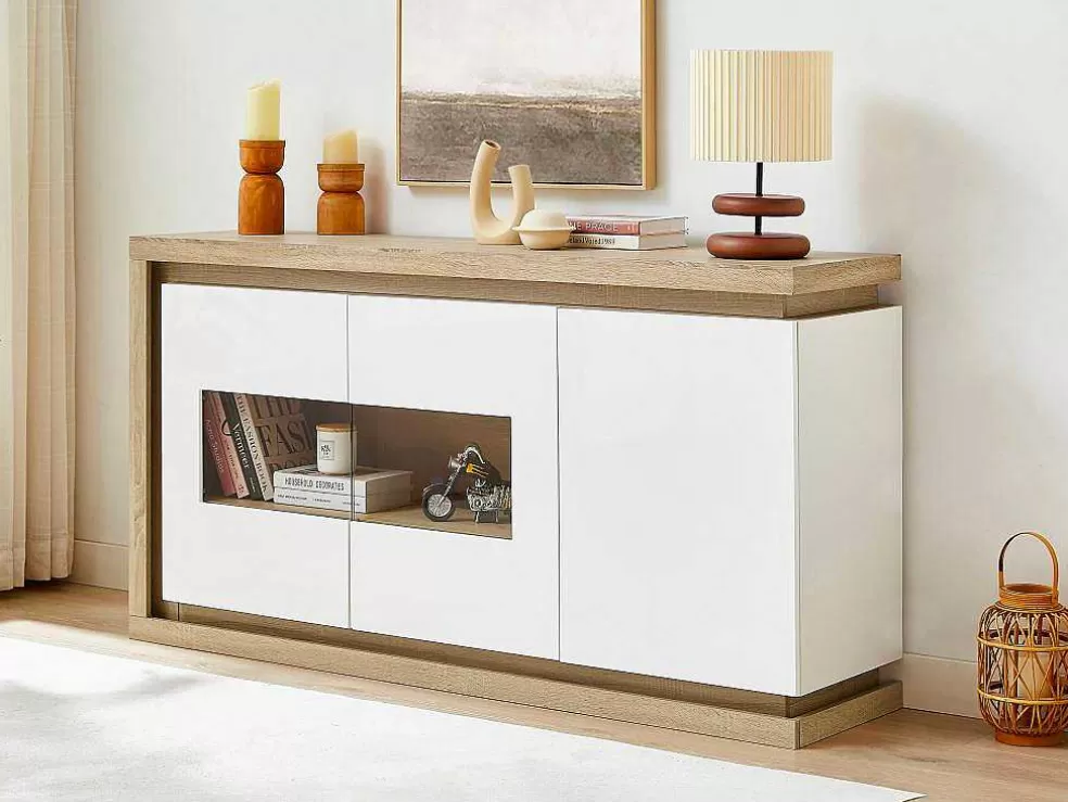 Vente-unique Aparador 3 Portas E 1 Nicho Com Leds Em Mdf E Vidro Temperado Natural E Lacado A Branco - Flarancia* Aparador