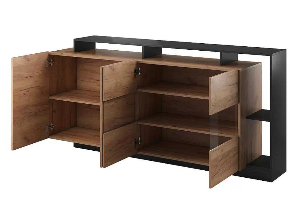 Vente-unique Aparador 4 Portas E 4 Nichos Com Leds, Natural Claro E Antracite - Idesia* Promoções Sala