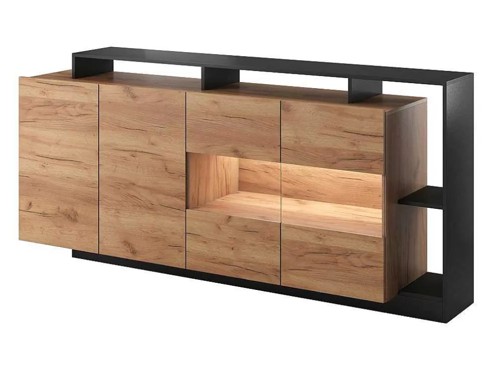 Vente-unique Aparador 4 Portas E 4 Nichos Com Leds, Natural Claro E Antracite - Idesia* Promoções Sala