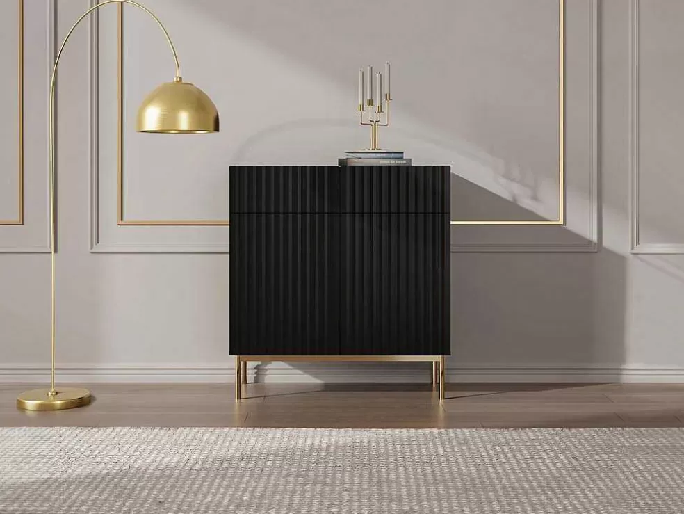 Vente-unique Aparador Alto Com 2 Portas E 2 Gavetas Em Mdf E Aco, Preto E Dourado - Evilana* Aparador
