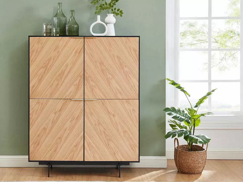 Vente-unique Aparador Alto Com 4 Portas Em Mdf E Metal Cor Natural Claro E Preto - Lobna* Promoções Sala