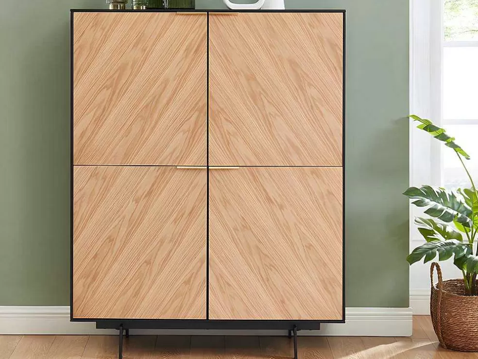 Vente-unique Aparador Alto Com 4 Portas Em Mdf E Metal Cor Natural Claro E Preto - Lobna* Promoções Sala