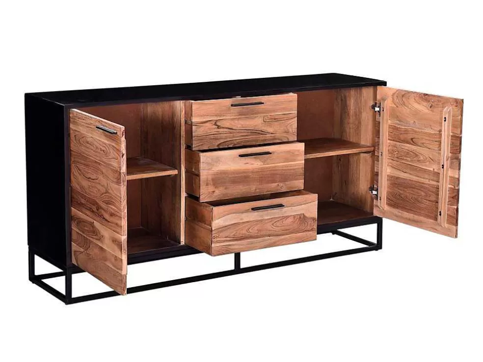 Vente-unique Aparador Com 3 Gavetas E 2 Portas Em Madeira De Acacia E Metal, Natural Escuro E Preto - Alyona* Aparador