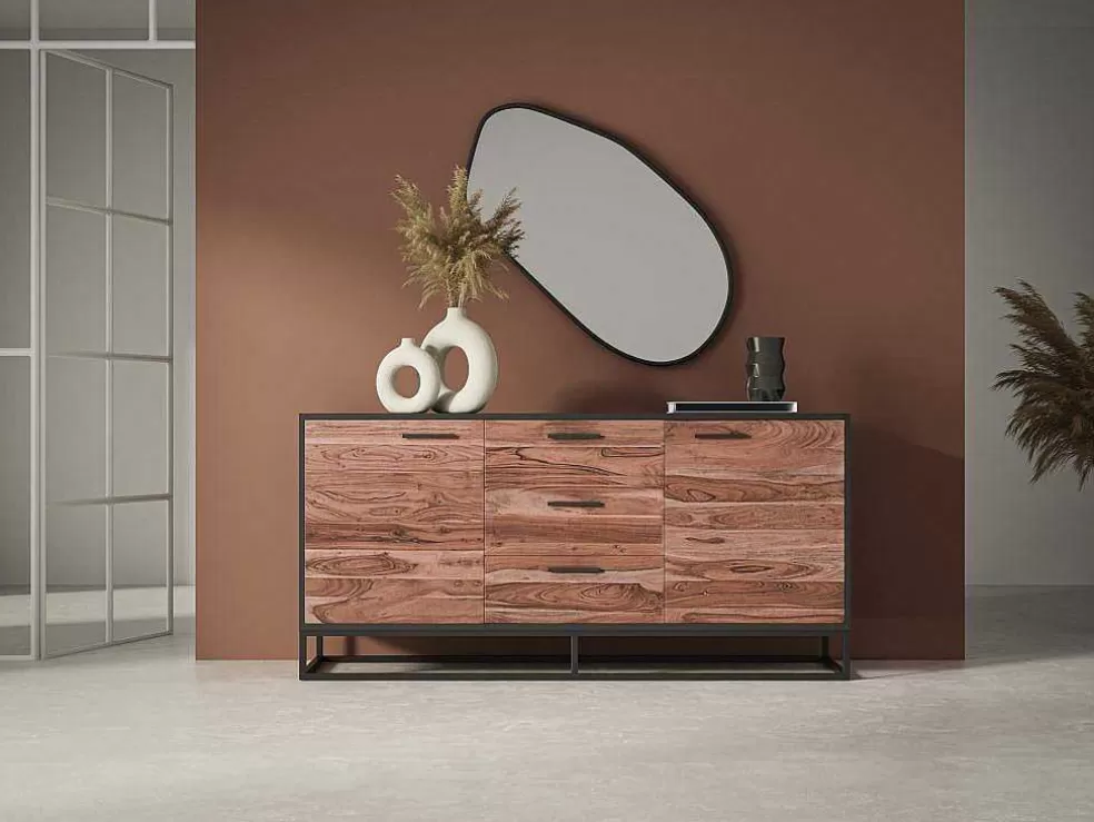 Vente-unique Aparador Com 3 Gavetas E 2 Portas Em Madeira De Acacia E Metal, Natural Escuro E Preto - Alyona* Aparador