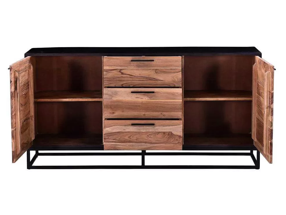 Vente-unique Aparador Com 3 Gavetas E 2 Portas Em Madeira De Acacia E Metal, Natural Escuro E Preto - Alyona* Aparador