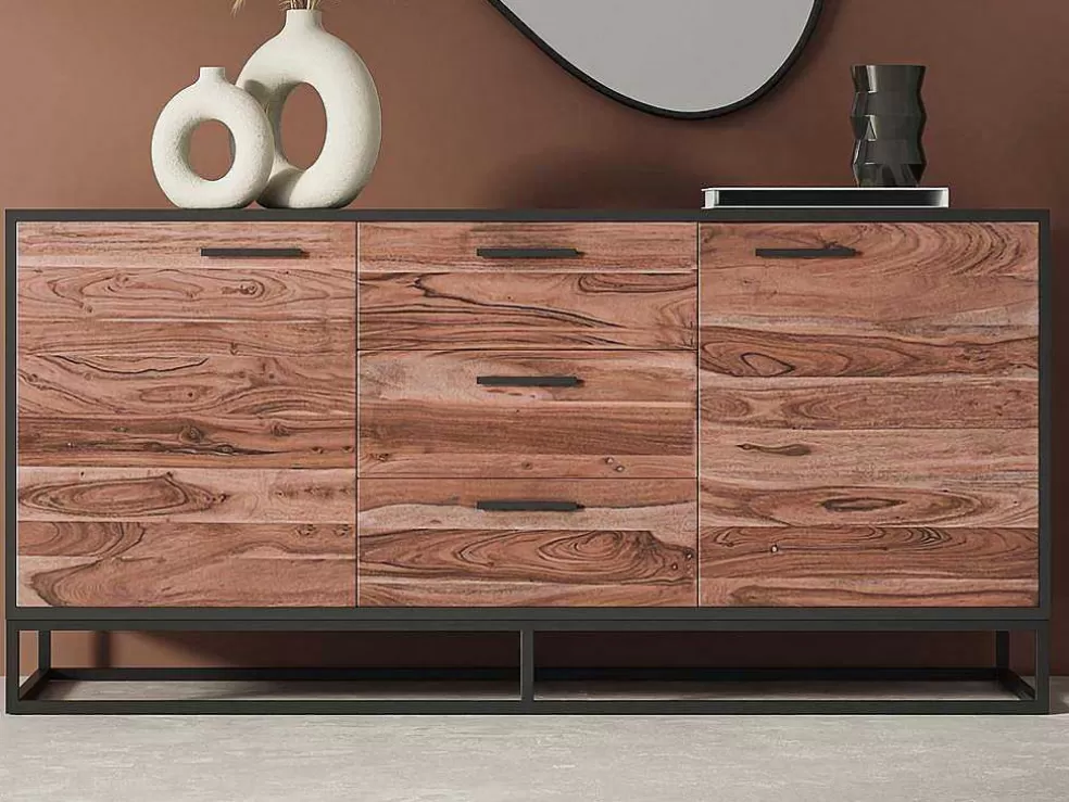 Vente-unique Aparador Com 3 Gavetas E 2 Portas Em Madeira De Acacia E Metal, Natural Escuro E Preto - Alyona* Aparador