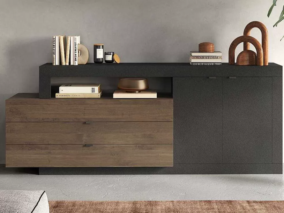 Vente-unique Aparador Com 2 Portas, 3 Gavetas E 1 Nicho, Natural E Antracite - Ruselo* Aparador