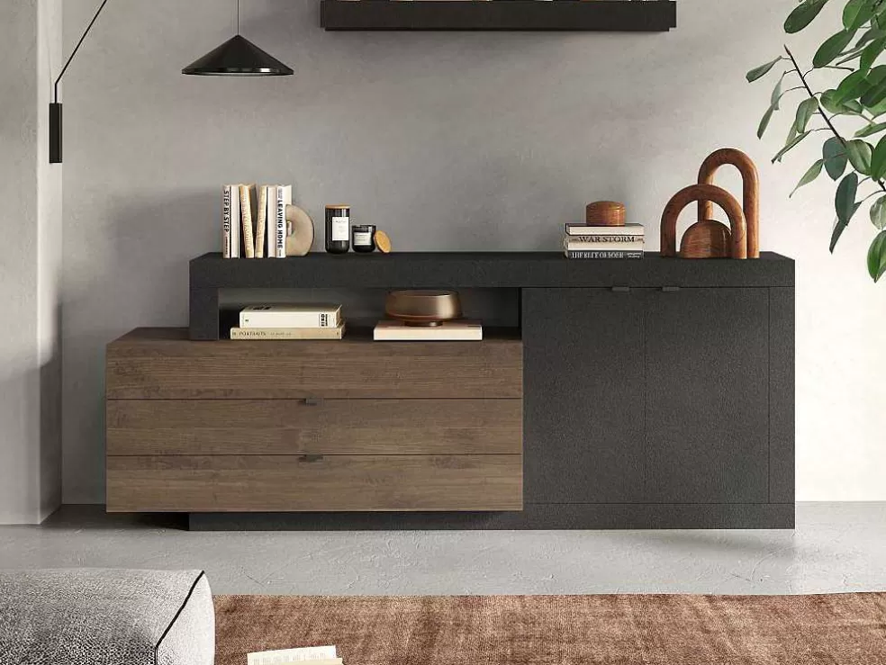 Vente-unique Aparador Com 2 Portas, 3 Gavetas E 1 Nicho, Natural E Antracite - Ruselo* Aparador