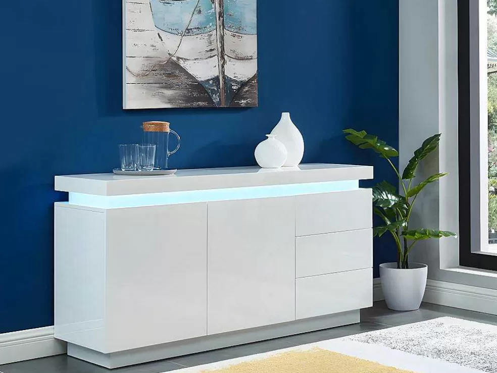 Vente-unique Aparador Com 2 Portas E 3 Gavetas - Leds - Mdf Lacado A Branco - Emerson Ii* Aparador