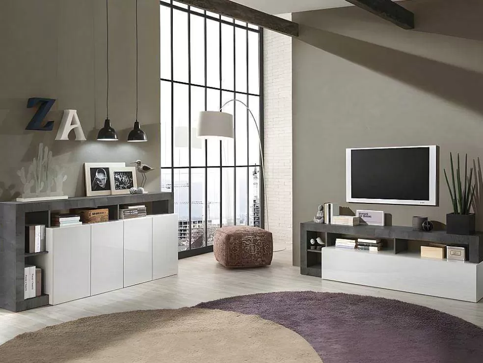 Vente-unique Aparador Com 4 Portas E 4 Nichos Lacado A Branco E Cinza Cimento - Sefro* Aparador