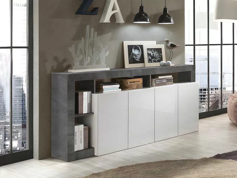 Vente-unique Aparador Com 4 Portas E 4 Nichos Lacado A Branco E Cinza Cimento - Sefro* Aparador