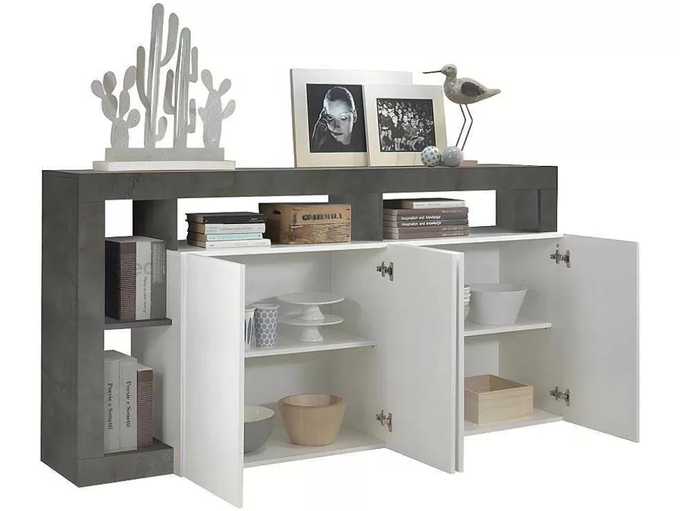 Vente-unique Aparador Com 4 Portas E 4 Nichos Lacado A Branco E Cinza Cimento - Sefro* Aparador