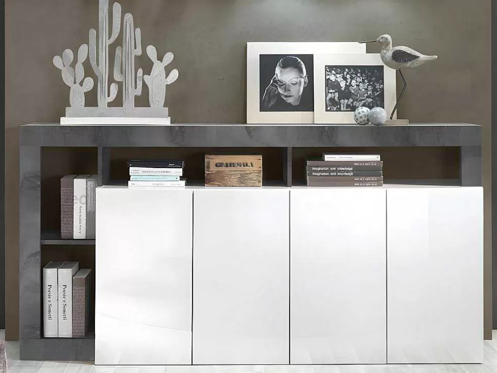 Vente-unique Aparador Com 4 Portas E 4 Nichos Lacado A Branco E Cinza Cimento - Sefro* Aparador