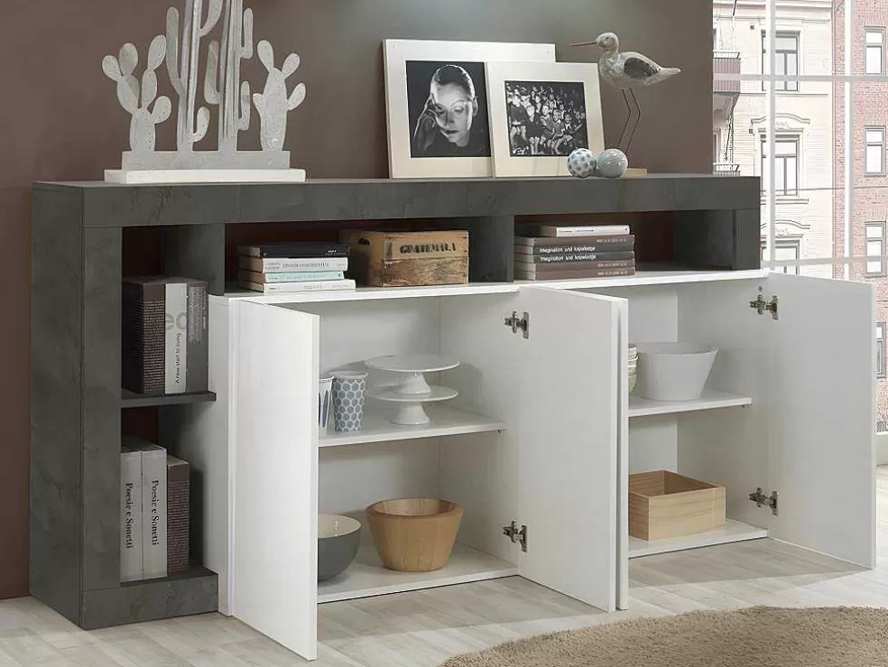 Vente-unique Aparador Com 4 Portas E 4 Nichos Lacado A Branco E Cinza Cimento - Sefro* Aparador