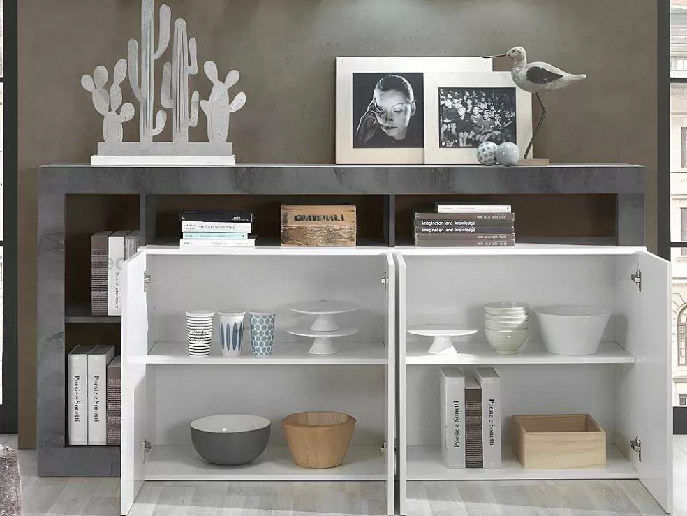 Vente-unique Aparador Com 4 Portas E 4 Nichos Lacado A Branco E Cinza Cimento - Sefro* Aparador