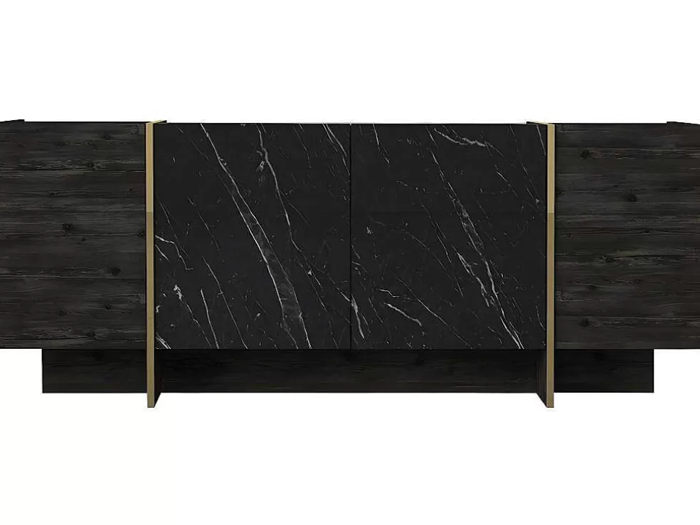 Vente-unique Aparador Com 4 Portas, Efeito Marmore Preto, Natural Escuro E Dourado - Cadeba Ii* Aparador
