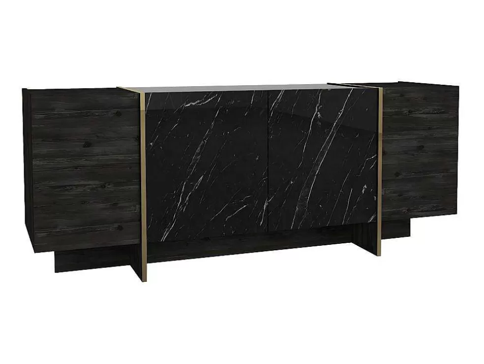 Vente-unique Aparador Com 4 Portas, Efeito Marmore Preto, Natural Escuro E Dourado - Cadeba Ii* Aparador