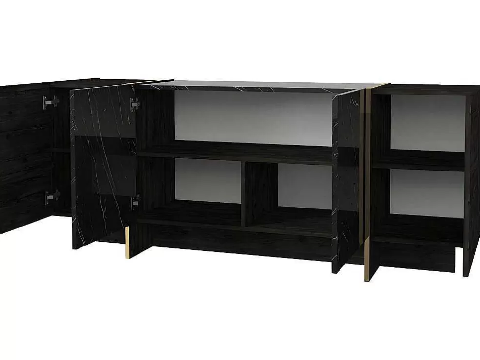 Vente-unique Aparador Com 4 Portas, Efeito Marmore Preto, Natural Escuro E Dourado - Cadeba Ii* Aparador