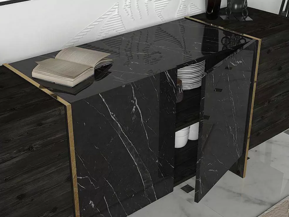 Vente-unique Aparador Com 4 Portas, Efeito Marmore Preto, Natural Escuro E Dourado - Cadeba Ii* Aparador