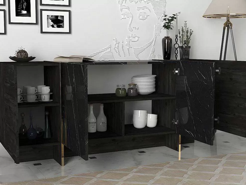 Vente-unique Aparador Com 4 Portas, Efeito Marmore Preto, Natural Escuro E Dourado - Cadeba Ii* Aparador
