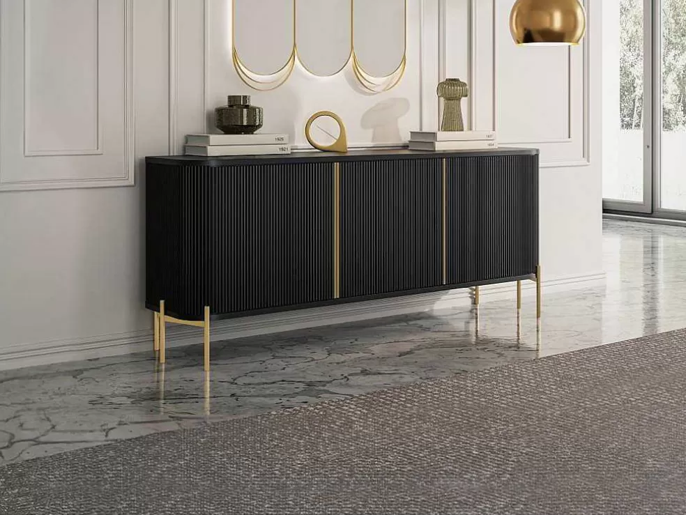 Vente-unique Aparador Com 3 Portas Madeira De Mangueira E Metal Preto E Dourado - Balimela* Aparador