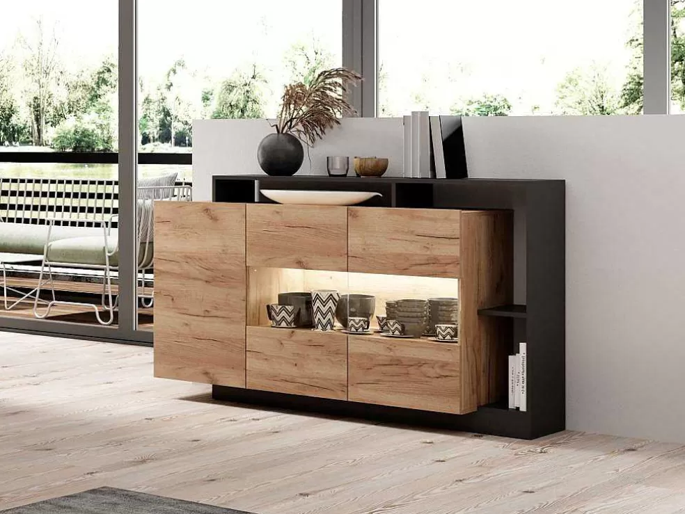 Vente-unique Aparador De 3 Portas E 3 Nichos Com Leds Cor Natural E Antracite - Idesia* Aparador