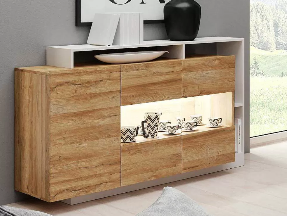 Vente-unique Aparador De 3 Portas E 3 Nichos Com Leds Cor Natural E Branco - Idesia* Aparador